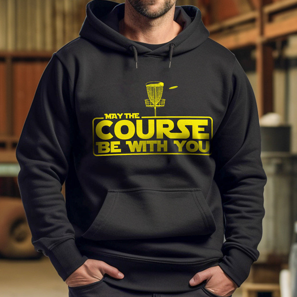 Guy wearing May The Course Be With You Disc Golf Hoodie