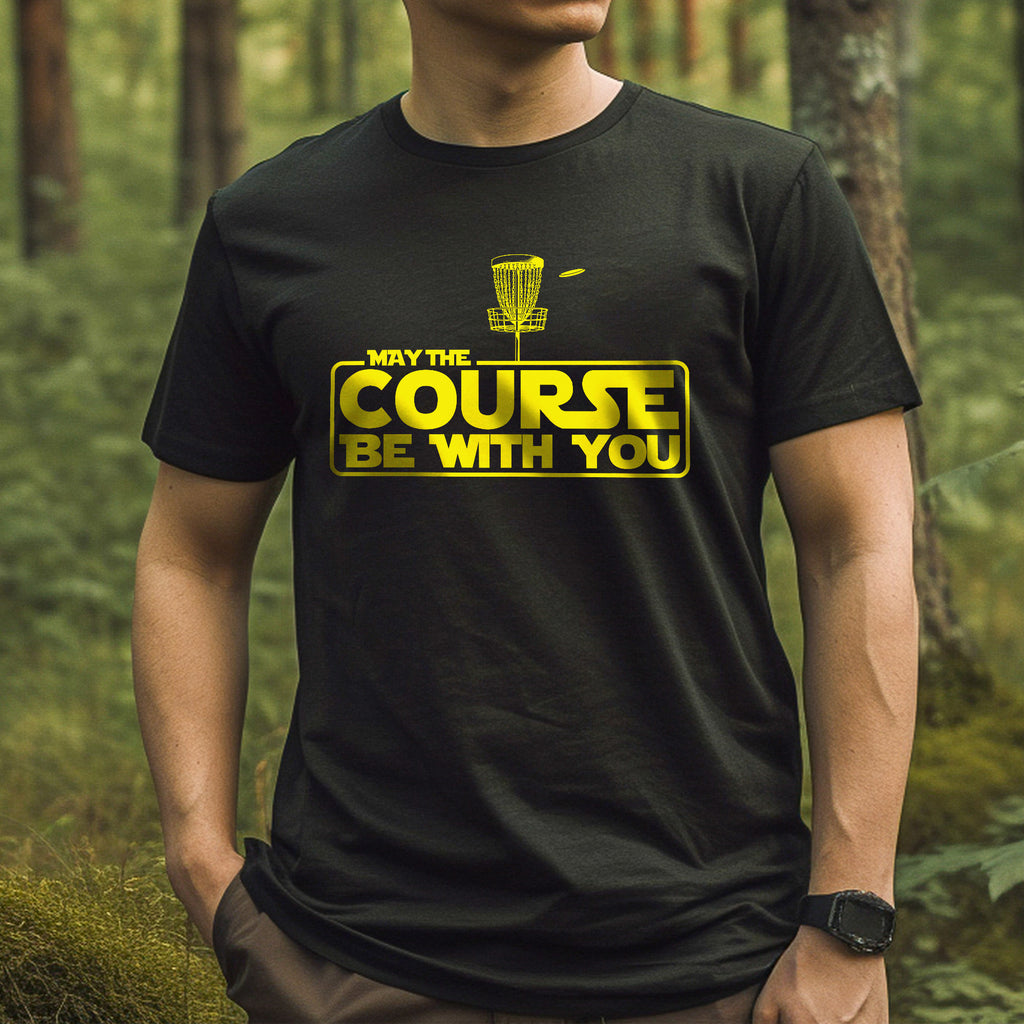 Man wearing May The Course Be With You - Disc Golf T-Shirt - T-Shirt - Throw Coast Disc Golf