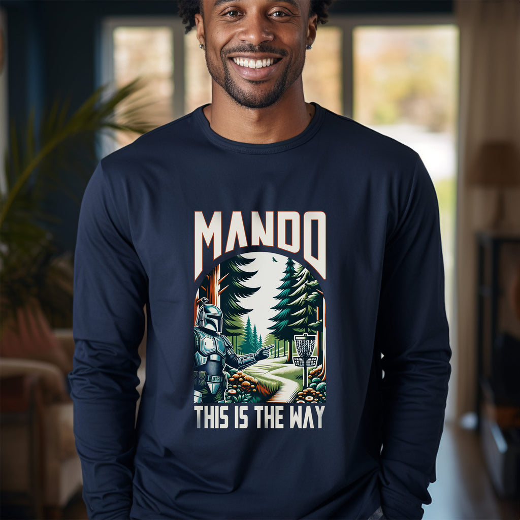 Man wearing  This is the Way Funny "Mand-O-Tory" Disc Golf Long Sleeve T-shirt - Throw Coast