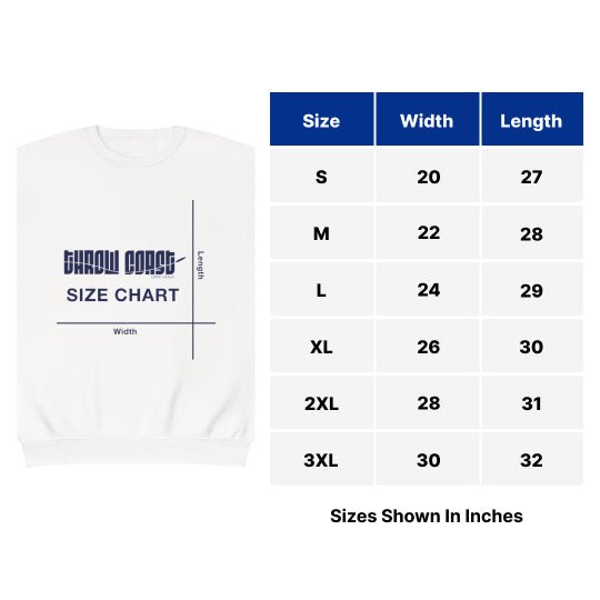 Throw Coast Disc Golf Crewneck Sweatshirt Size Chart