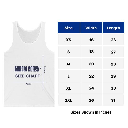 Throw Coast Disc Golf - Tropical Tank Top - Size Chart